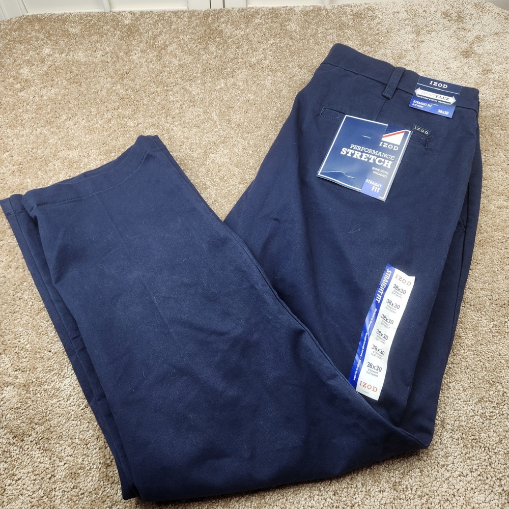 IZOD Mens Performance Stretch Straight Fit Flat Front Navy Blue Pants 38x30 NEW